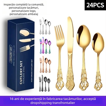 Set de tacâmuri din oțel inoxidabil placat cu aur (24 bucăți): 6 cuțite pentru friptură, 6 furculițe, 6 linguri de masă, 6 lingurițe – cutie cadou, pentru uz casnic și hotelier.