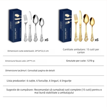 Set de tacâmuri din oțel inoxidabil placat cu aur (24 bucăți): 6 cuțite pentru friptură, 6 furculițe, 6 linguri de masă, 6 lingurițe – cutie cadou, pentru uz casnic și hotelier.