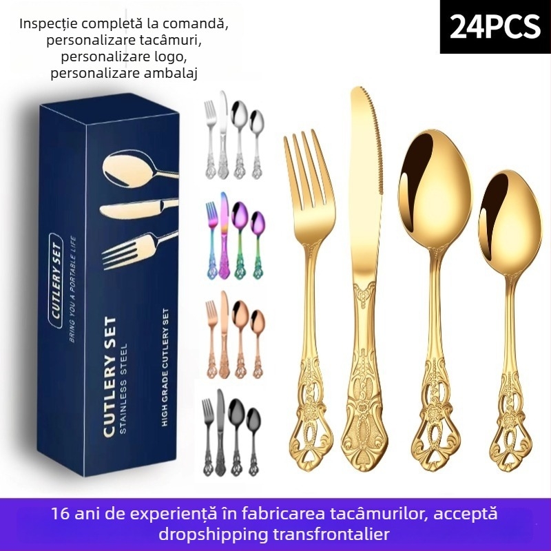 Set de tacâmuri din oțel inoxidabil placat cu aur (24 bucăți): 6 cuțite pentru friptură, 6 furculițe, 6 linguri de masă, 6 lingurițe – cutie cadou, pentru uz casnic și hotelier.