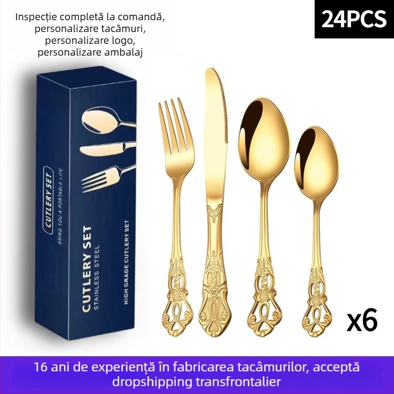 Set de tacâmuri din oțel inoxidabil placat cu aur (24 bucăți): 6 cuțite pentru friptură, 6 furculițe, 6 linguri de masă, 6 lingurițe – cutie cadou, pentru uz casnic și hotelier.