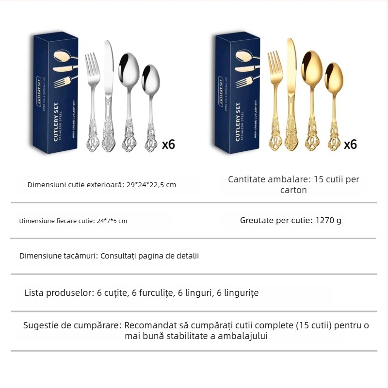 Set de tacâmuri din oțel inoxidabil placat cu aur (24 bucăți): 6 cuțite pentru friptură, 6 furculițe, 6 linguri de masă, 6 lingurițe – cutie cadou, pentru uz casnic și hotelier.