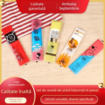 Tacâmuri din bambus, de unică folosință — set de patru piese (bețișoare, lingură, scobitoare, șervețel) și set de trei piese pentru livrare