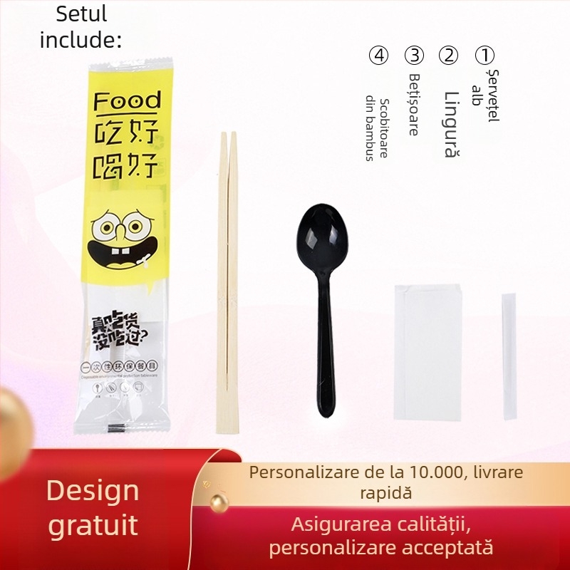 Tacâmuri din bambus, de unică folosință — set de patru piese (bețișoare, lingură, scobitoare, șervețel) și set de trei piese pentru livrare