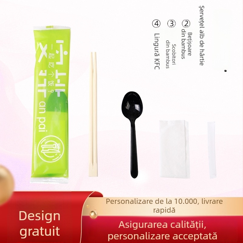 Tacâmuri din bambus, de unică folosință — set de patru piese (bețișoare, lingură, scobitoare, șervețel) și set de trei piese pentru livrare