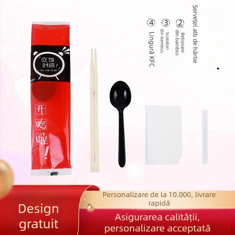 Tacâmuri din bambus, de unică folosință — set de patru piese (bețișoare, lingură, scobitoare, șervețel) și set de trei piese pentru livrare