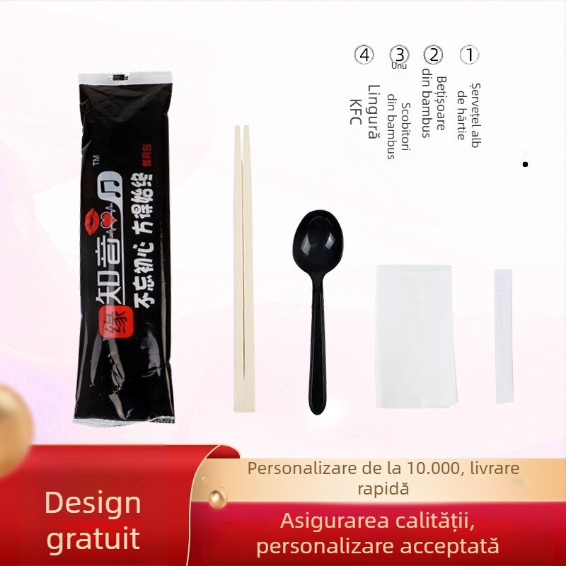 Tacâmuri din bambus, de unică folosință — set de patru piese (bețișoare, lingură, scobitoare, șervețel) și set de trei piese pentru livrare