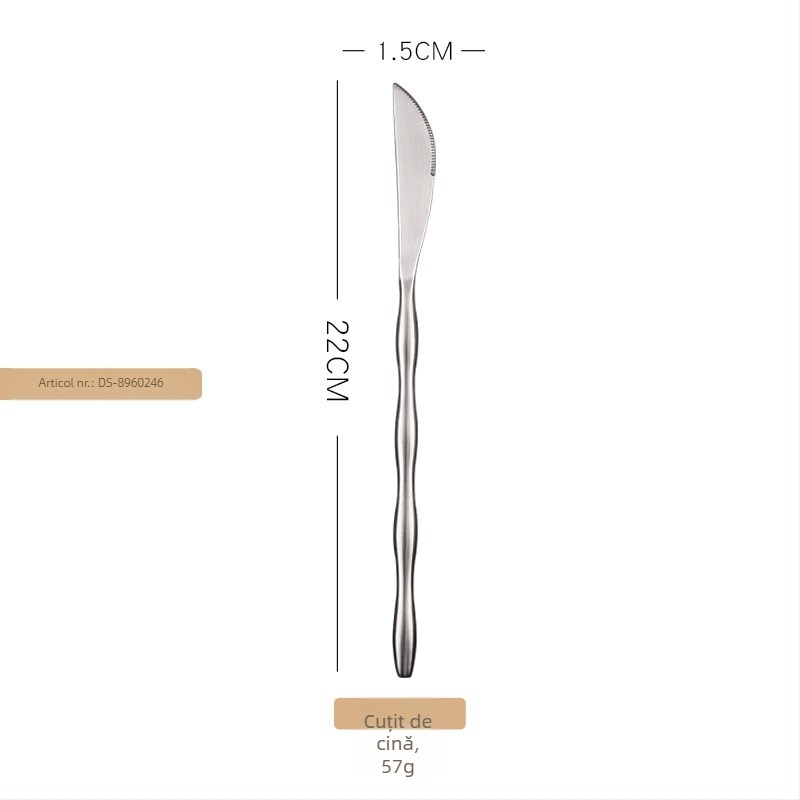 Set de tacâmuri din oțel inoxidabil 304, patru piese, mâner rotund în formă de măslină: cuțit, furculiță și lingură