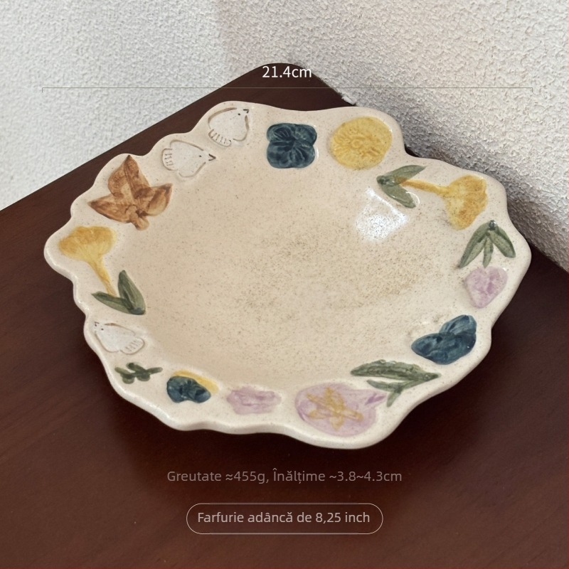 Set retro din ceramică lucrat manual, cu culoare sub glazură: bol pentru orez, cană pentru mic dejun, farfurie de desert și bol pentru salată