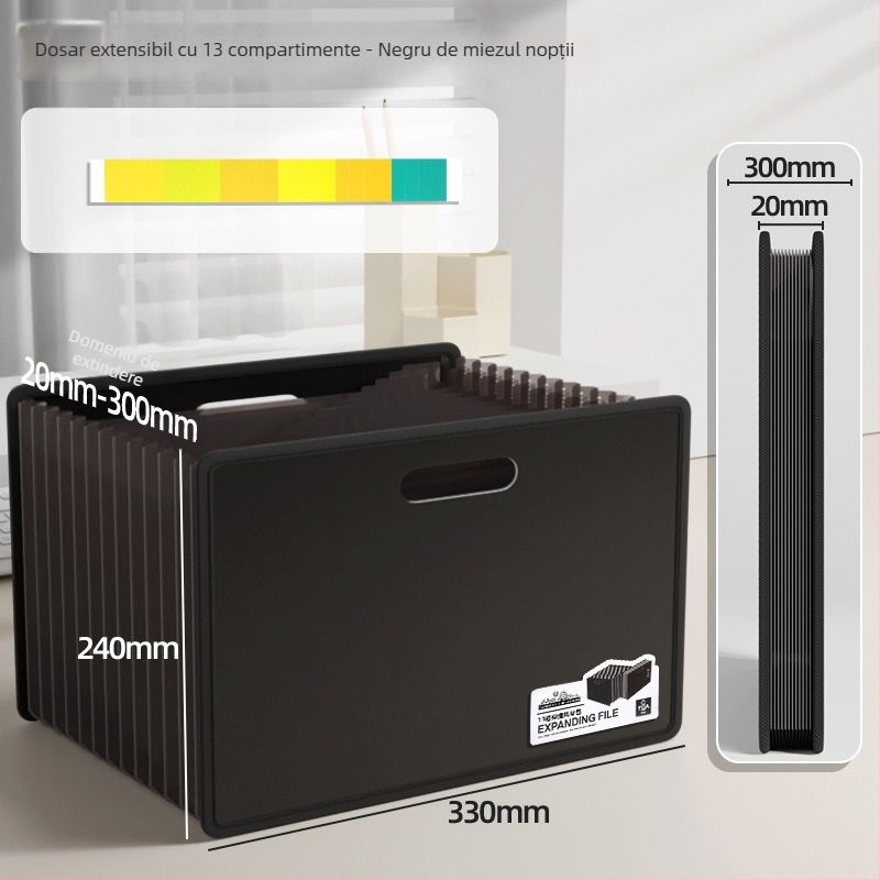 Dosar A4 acordeon cu mâner, 13 compartimente, fermoar, organizator de documente