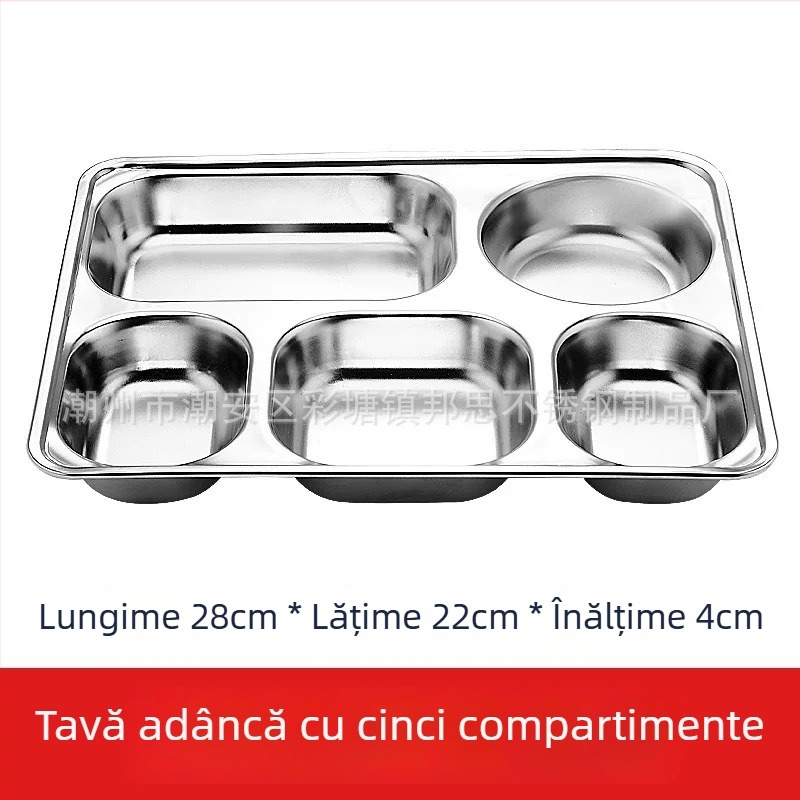 Farfurie pentru prânz din oțel inoxidabil 304, cu compartimente adânci, pătrată, capacitate mare pentru adulți