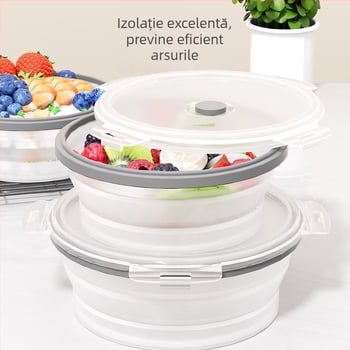 Set rotund de prânz din silicon alimentar, pliabil, compatibil cu microundele, cutie cu boluri portabile