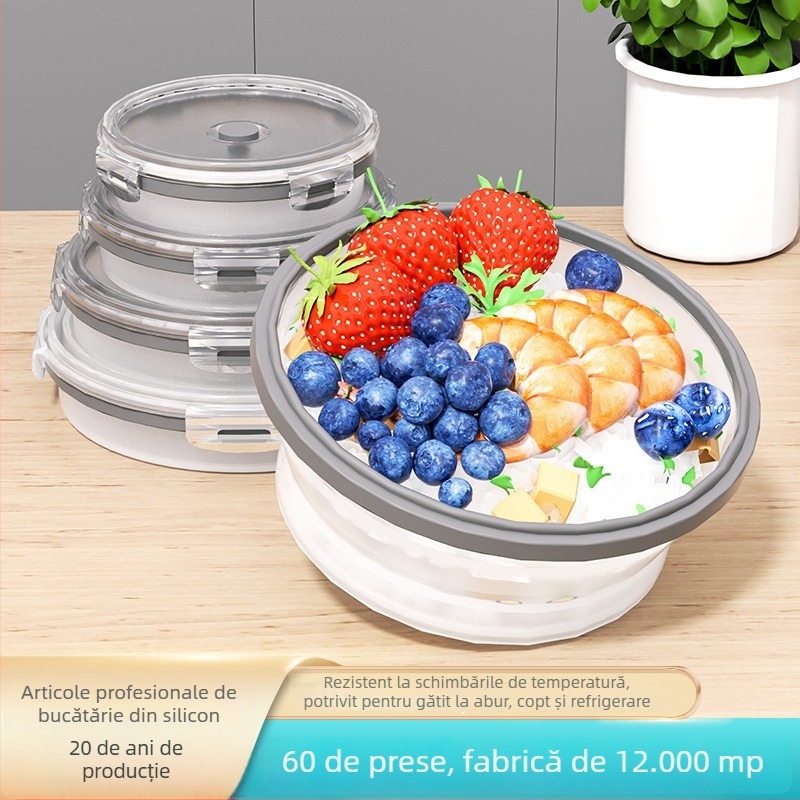 Set rotund de prânz din silicon alimentar, pliabil, compatibil cu microundele, cutie cu boluri portabile