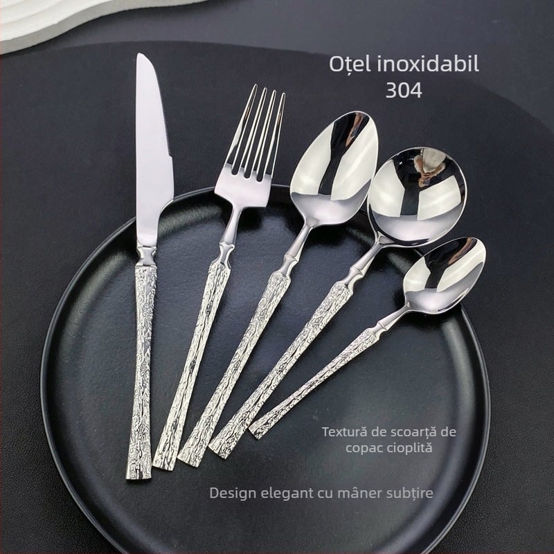 Set tacâmuri din oțel inoxidabil 304: cuțit, furculiță și lingură cu mâner cu model lemn, talie subțire, design minimalist modern, stil european pentru hotel