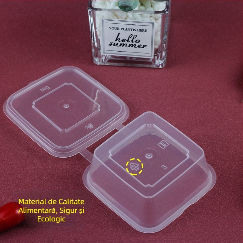 Recipient de plastic pentru sos, de unică folosință, pătrat, cu capac, pentru ambalare la livrare