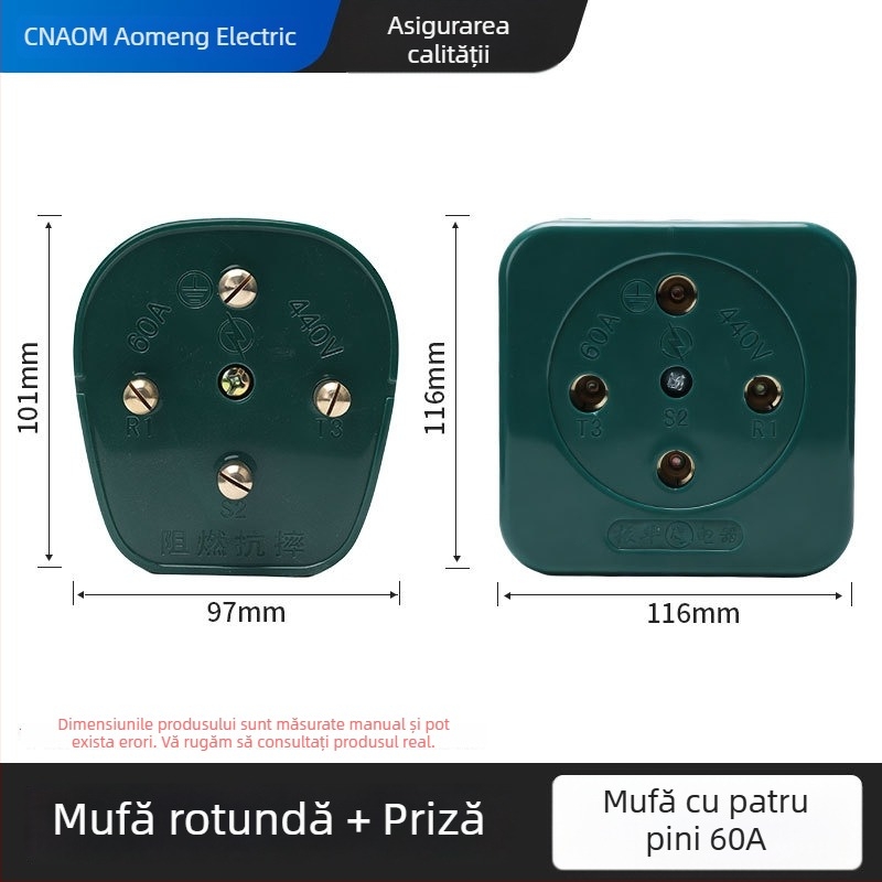 Conector circular din cauciuc industrial, impermeabil și rezistent la cădere, pentru trei faze cu patru conductori, 16A/25A/32A/60A, 440V