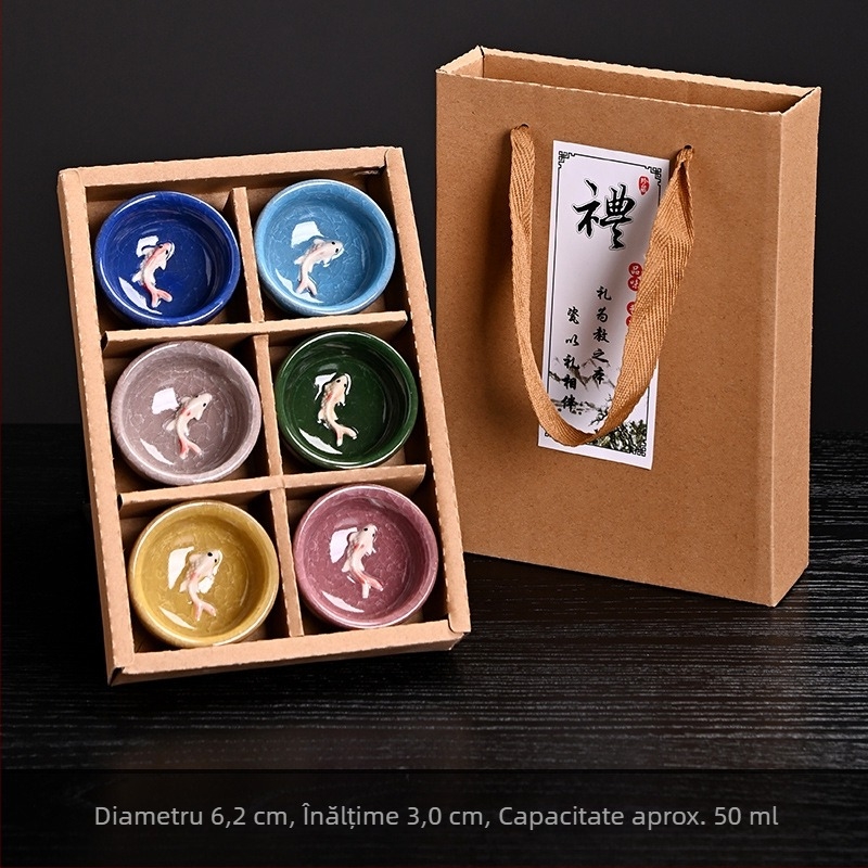 Set de ceai ceramic cu pește crăpat de gheață, șase cești mici, set Kung Fu pentru ceai, cutie cadou