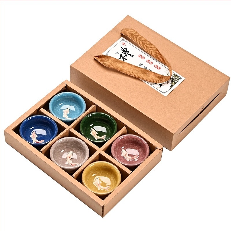 Set de ceai ceramic cu pește crăpat de gheață, șase cești mici, set Kung Fu pentru ceai, cutie cadou