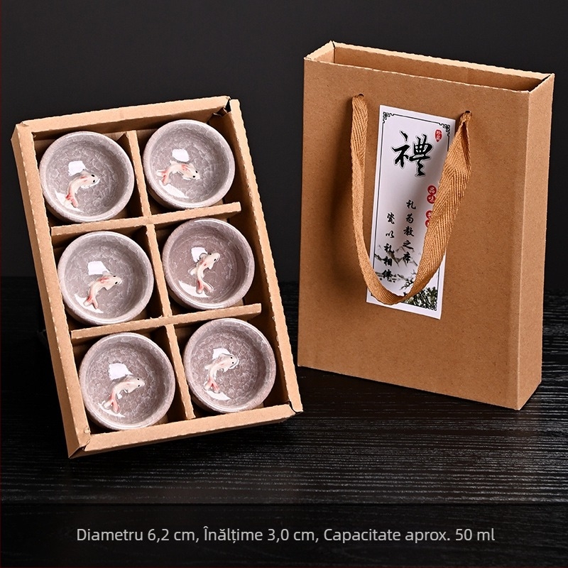 Set de ceai ceramic cu pește crăpat de gheață, șase cești mici, set Kung Fu pentru ceai, cutie cadou