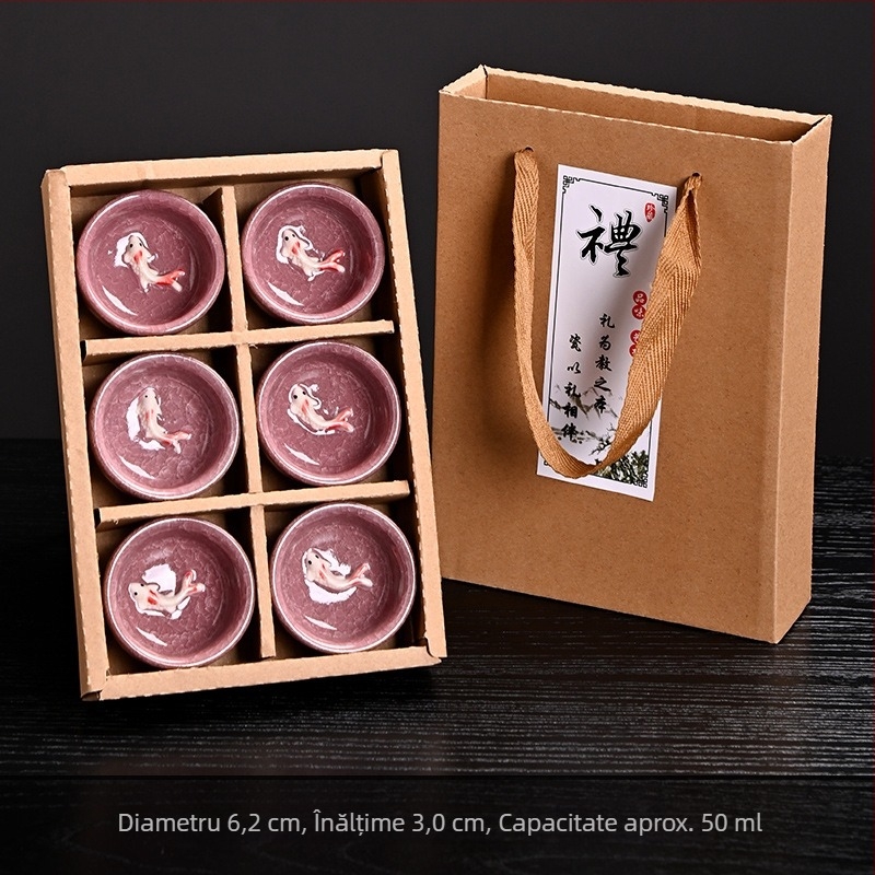 Set de ceai ceramic cu pește crăpat de gheață, șase cești mici, set Kung Fu pentru ceai, cutie cadou