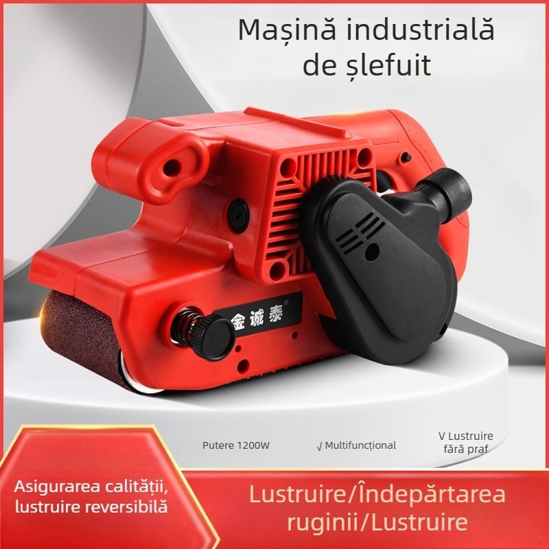 Șlefuitor cu bandă electric, portabil, mini industrial, în stil tank, pentru lemn și metal