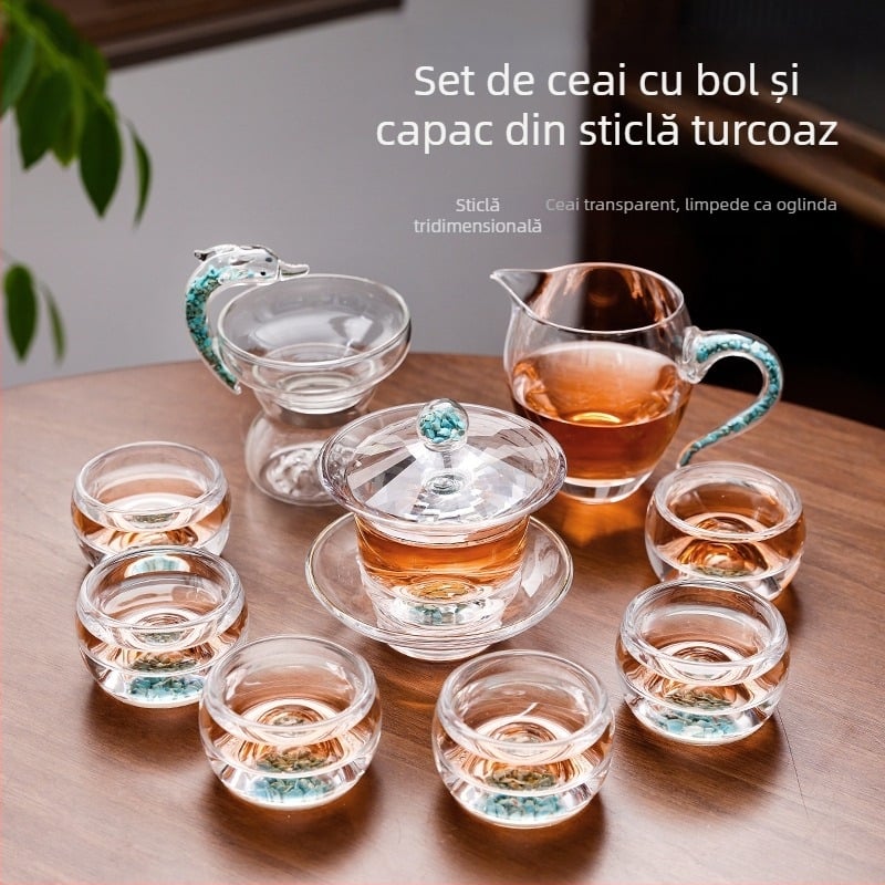 Set gaiwan din sticlă de cristal turcoaz — premium, complet, pentru ceai Kung Fu
