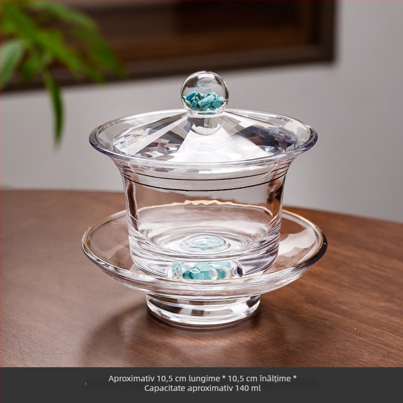 Set gaiwan din sticlă de cristal turcoaz — premium, complet, pentru ceai Kung Fu