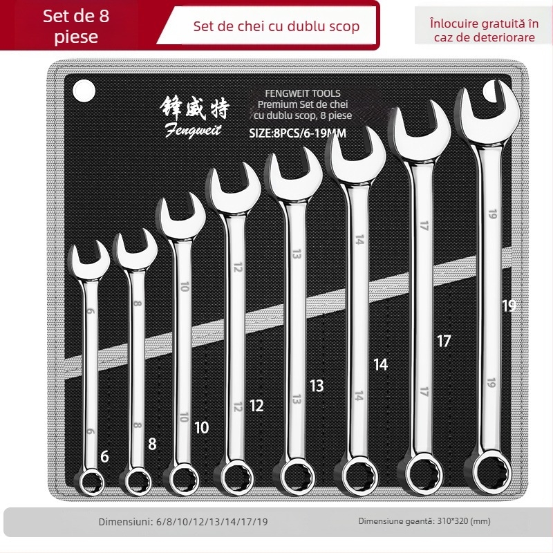 Set chei cu dublă utilizare, finisaj oglindă, deschideri 6-32 mm, oțel crom-vanadiu, duritate înaltă, rezistent la rugină, husă din țesătură