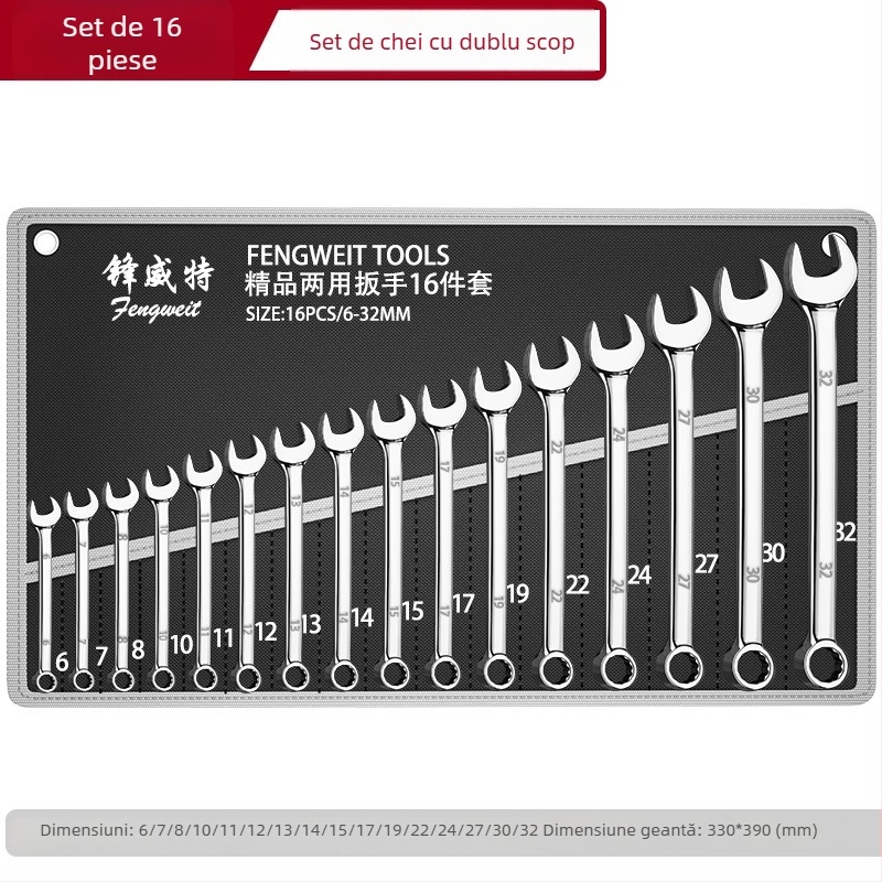 Set chei cu dublă utilizare, finisaj oglindă, deschideri 6-32 mm, oțel crom-vanadiu, duritate înaltă, rezistent la rugină, husă din țesătură