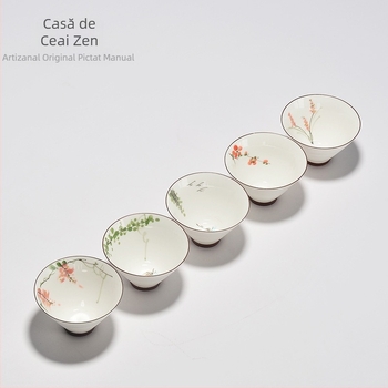 Ceașcă de ceai ceramică pictată manual, cu motiv lotus, set de ceai Kung Fu