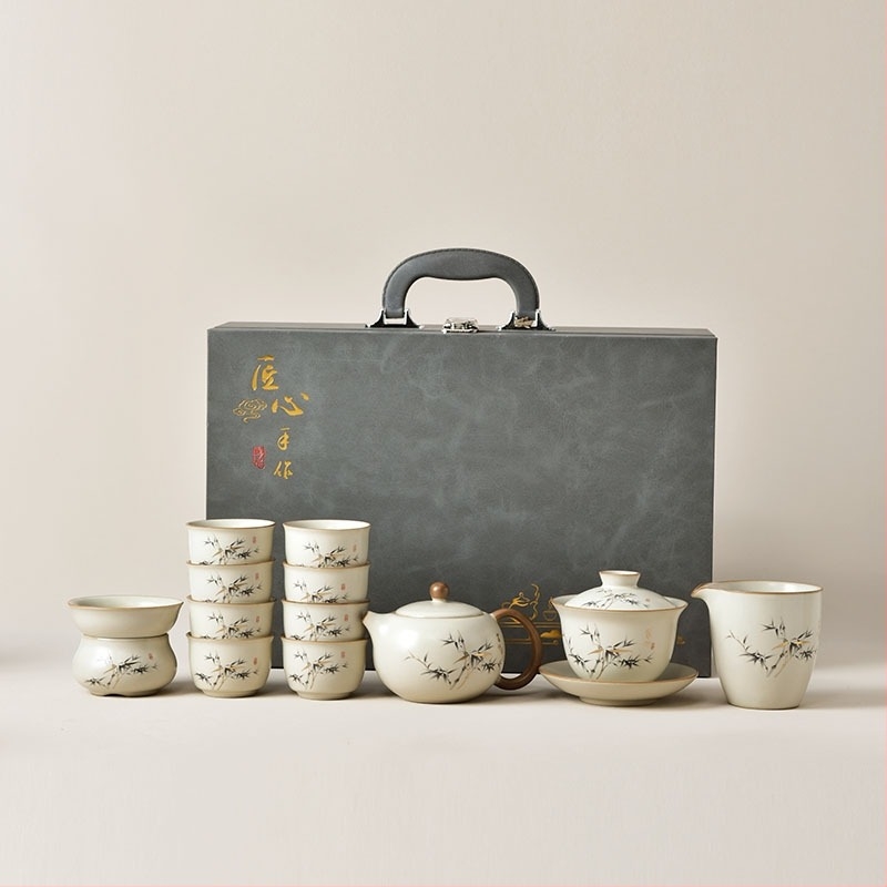 Set de ceai în stil gaiwan din porțelan alb, în cutie cadou, ceramic pentru casă și birou, pentru 6 persoane, design modern minimalist, personalizabil