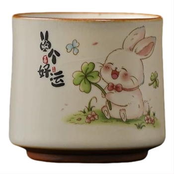 Ceasca de ceai drăguță cu iepuraș norocos, bej ceramic Ru Kiln, set Kung Fu pentru ceai, bol personal pentru ceai