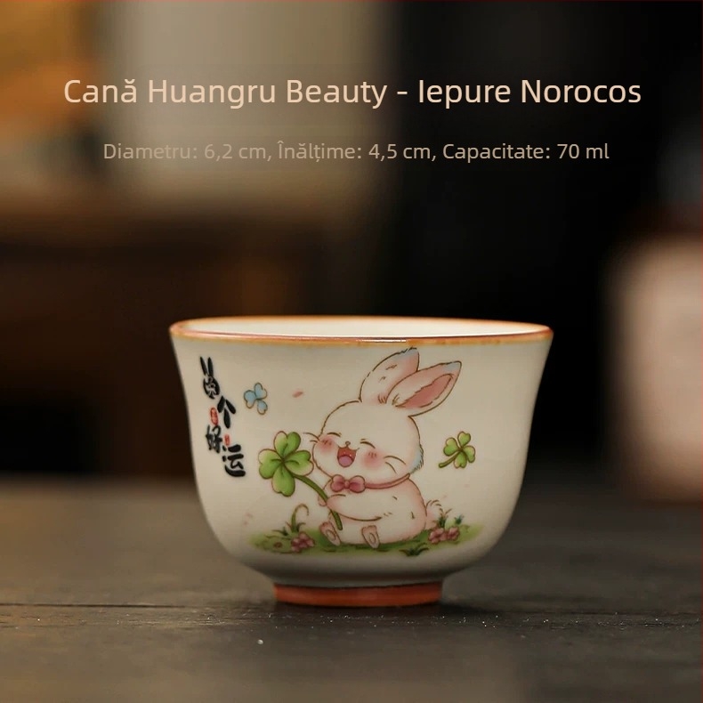 Ceasca de ceai drăguță cu iepuraș norocos, bej ceramic Ru Kiln, set Kung Fu pentru ceai, bol personal pentru ceai