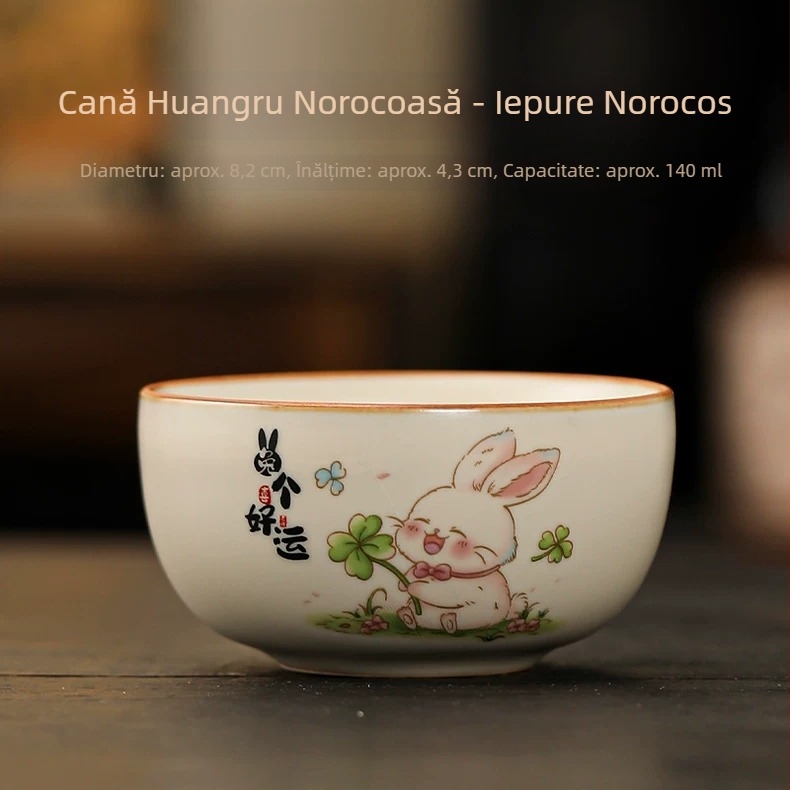 Ceasca de ceai drăguță cu iepuraș norocos, bej ceramic Ru Kiln, set Kung Fu pentru ceai, bol personal pentru ceai