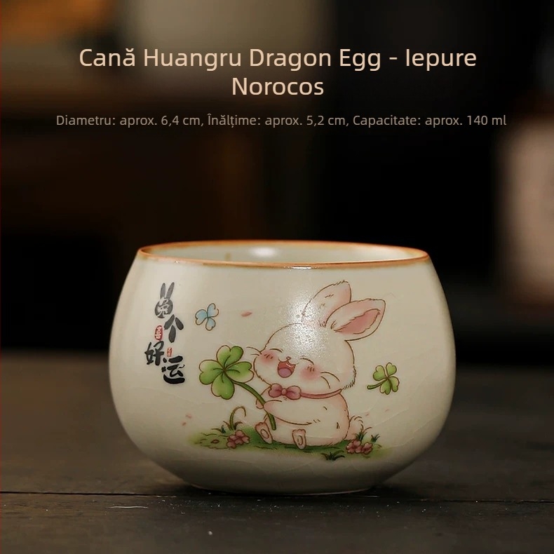 Ceasca de ceai drăguță cu iepuraș norocos, bej ceramic Ru Kiln, set Kung Fu pentru ceai, bol personal pentru ceai