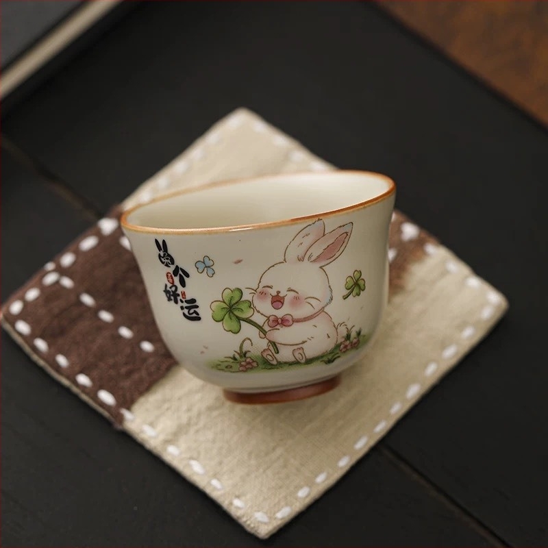 Ceasca de ceai drăguță cu iepuraș norocos, bej ceramic Ru Kiln, set Kung Fu pentru ceai, bol personal pentru ceai