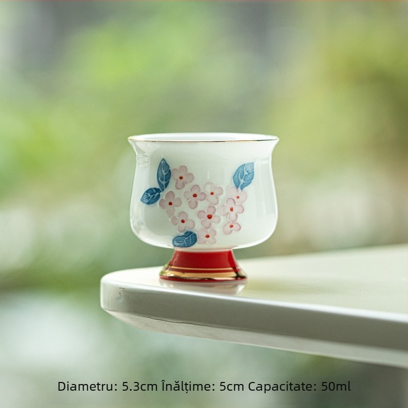 Ceșcă de ceai pictată manual cu motiv hortensie, subglazură roșu-auriu, ceramică, stil lux lejer