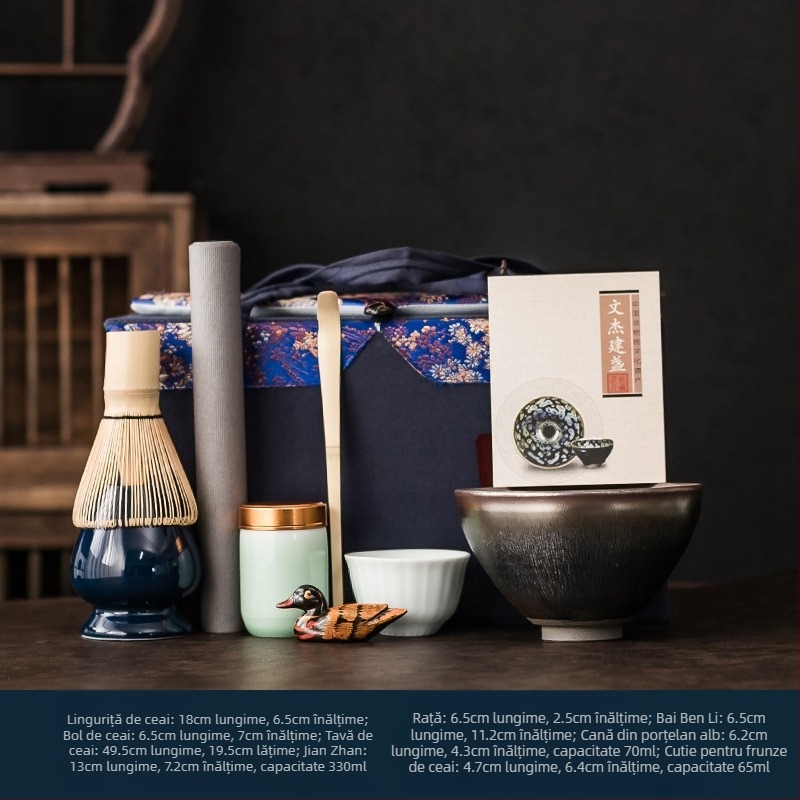 Set de ceremonie a ceaiului în stil Song, cu ceramică neagră glazurată, accesorii pentru matcha și un kit complet de instruire