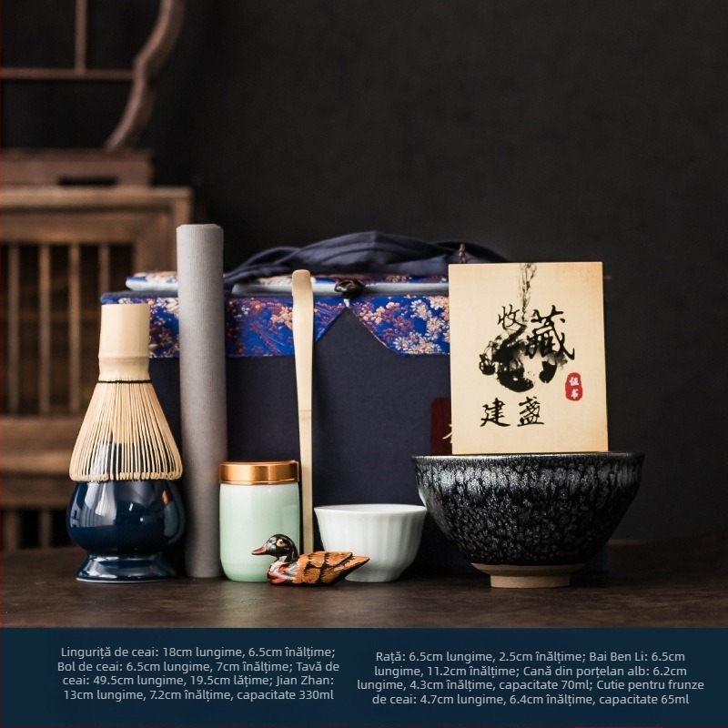 Set de ceremonie a ceaiului în stil Song, cu ceramică neagră glazurată, accesorii pentru matcha și un kit complet de instruire