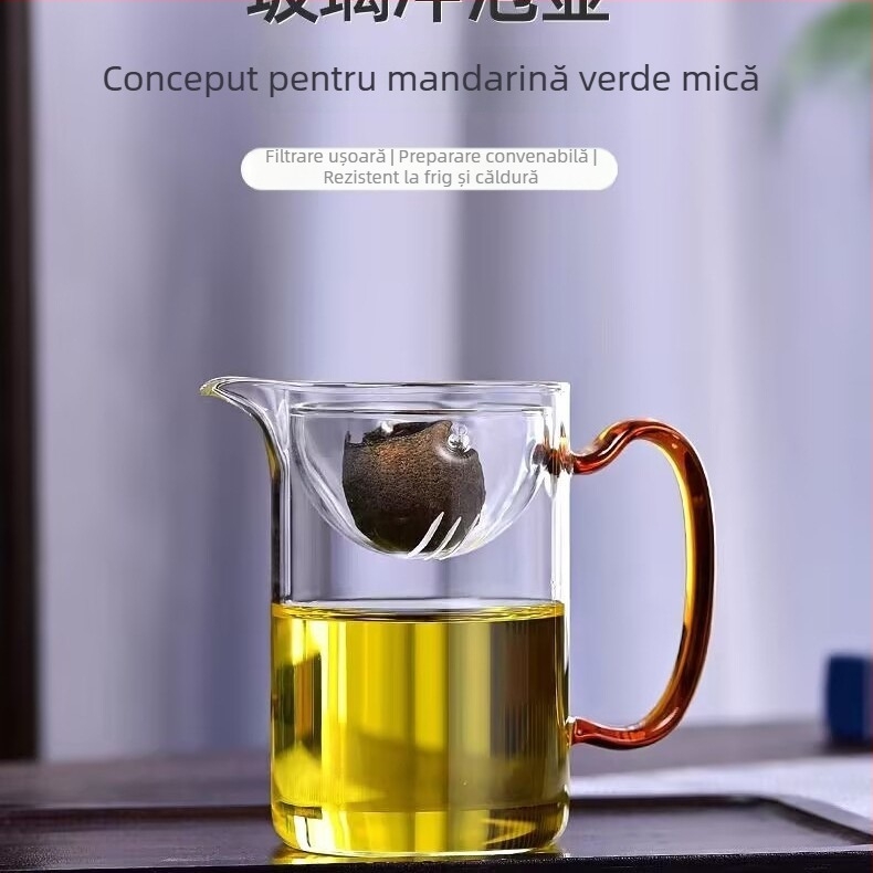 Set Xiaoyao pentru ceai: ceașcă de ceai din sticlă cu mâner lateral, separator ceai-apă și filtru cu mâner din lemn
