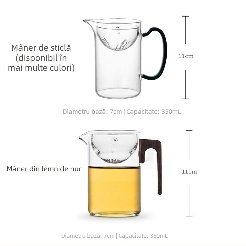 Set Xiaoyao pentru ceai: ceașcă de ceai din sticlă cu mâner lateral, separator ceai-apă și filtru cu mâner din lemn