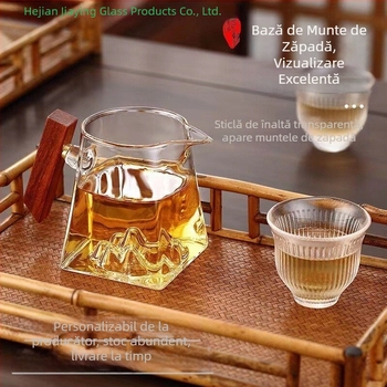 Set Gongfu de ceai din sticlă pătrat, cu mâner din lemn, design rezistent la căldură, include filtru de ceai și accesorii