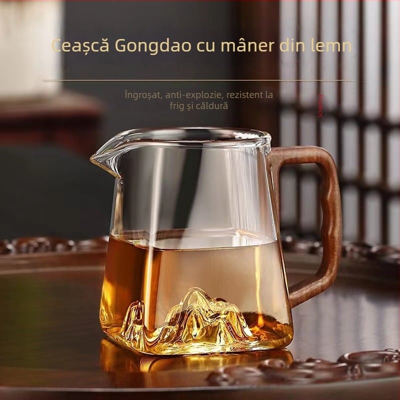 Set Gongfu de ceai din sticlă pătrat, cu mâner din lemn, design rezistent la căldură, include filtru de ceai și accesorii