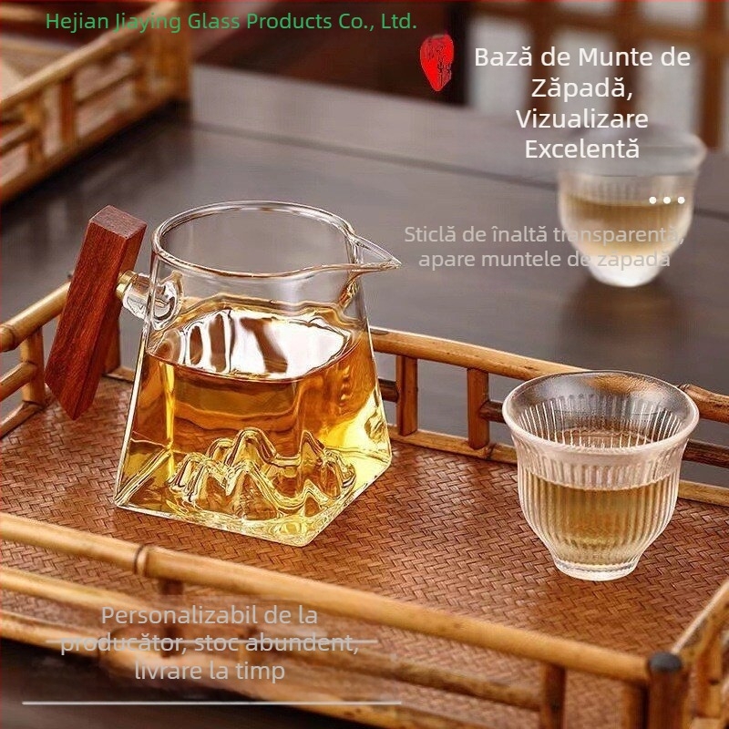 Set Gongfu de ceai din sticlă pătrat, cu mâner din lemn, design rezistent la căldură, include filtru de ceai și accesorii