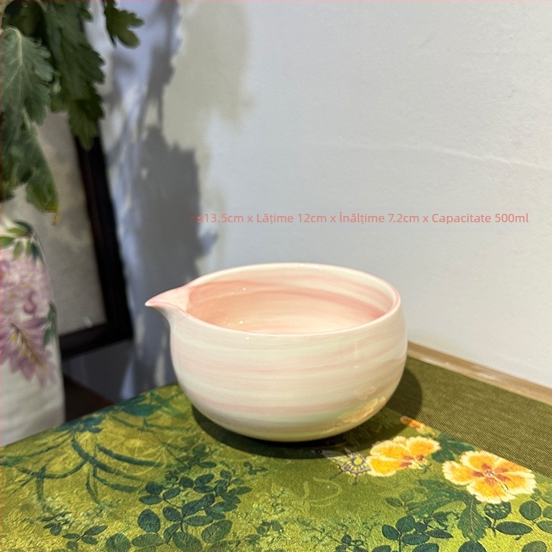 Vas ceramic pentru matcha, pictat manual în stil japonez cu dungi orizontale; set cu suport pentru chasen și perie de bambus pentru ceai