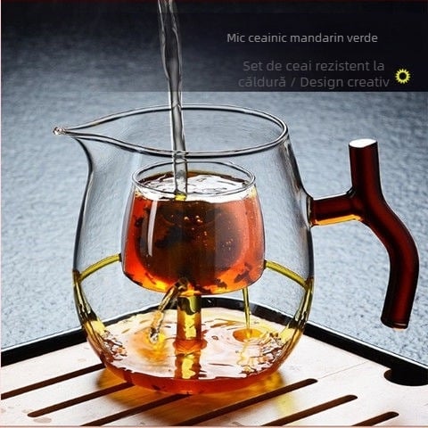 Ceainic din sticlă borosilicată, rezistent la temperaturi înalte și explozii, pentru ceai cu mandarin verde mic, însoțit de o cană de turnare — set Kung Fu ceai