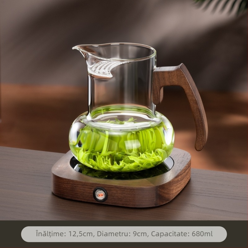 Ceainic de sticlă în formă de semilună, cu filtru integrat și separator ceai-apă, set Kung Fu pentru ceai verde
