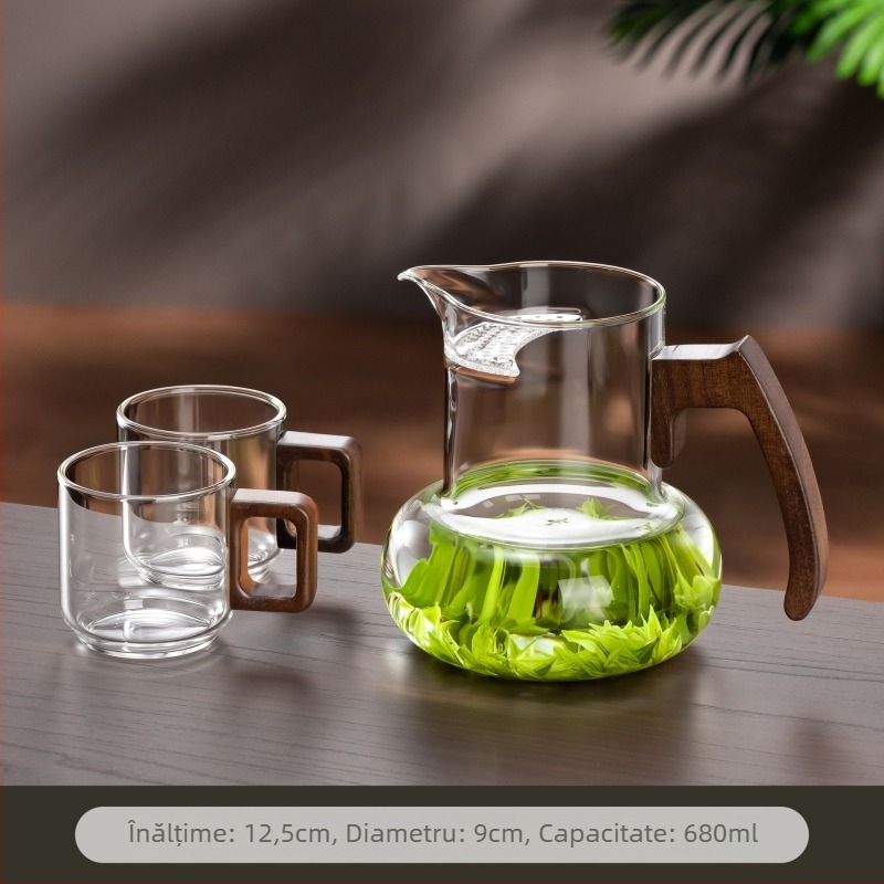 Ceainic de sticlă în formă de semilună, cu filtru integrat și separator ceai-apă, set Kung Fu pentru ceai verde