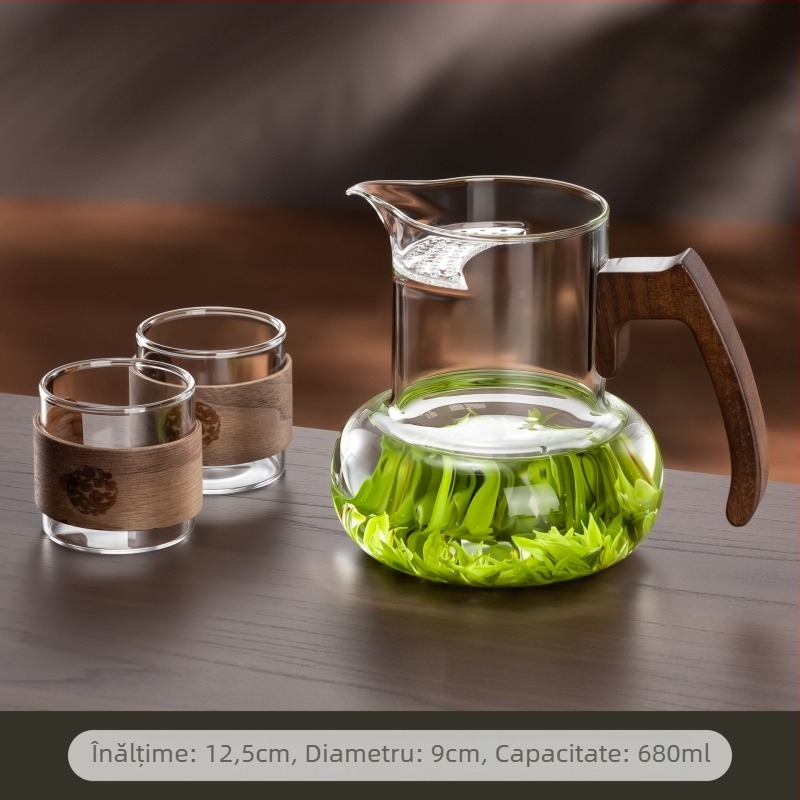 Ceainic de sticlă în formă de semilună, cu filtru integrat și separator ceai-apă, set Kung Fu pentru ceai verde