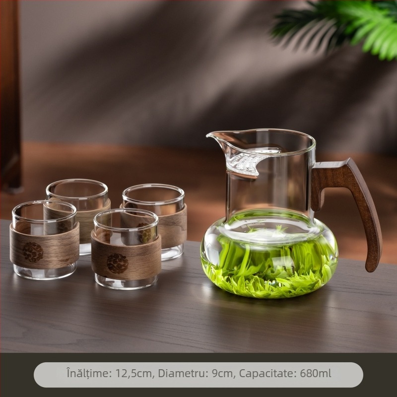 Ceainic de sticlă în formă de semilună, cu filtru integrat și separator ceai-apă, set Kung Fu pentru ceai verde