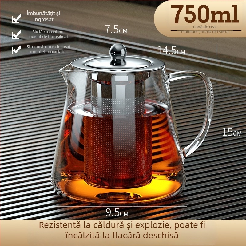Ceainic din sticlă rezistentă la căldură, cu separare ceai-apă, filtru din oțel inoxidabil, set de ceai, model 2026